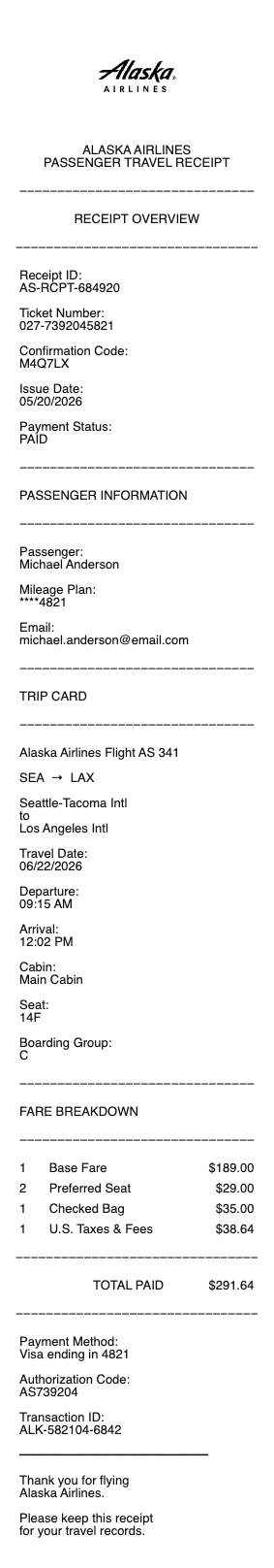 Alaska Airlines Receipt