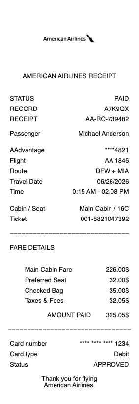 American Airlines receipt template