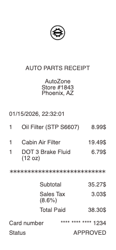 Recibo de Piezas de Automóvil