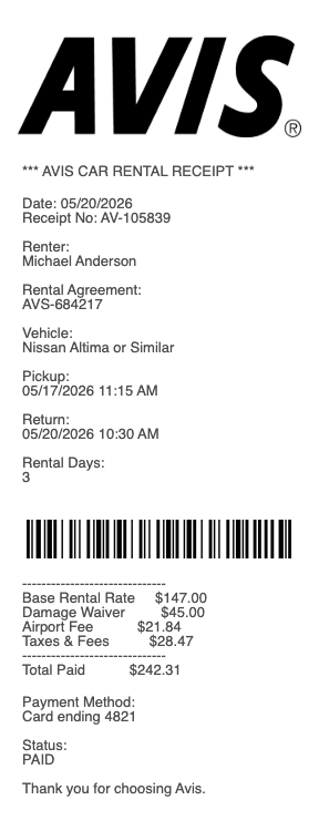Avis Car Rental Receipt