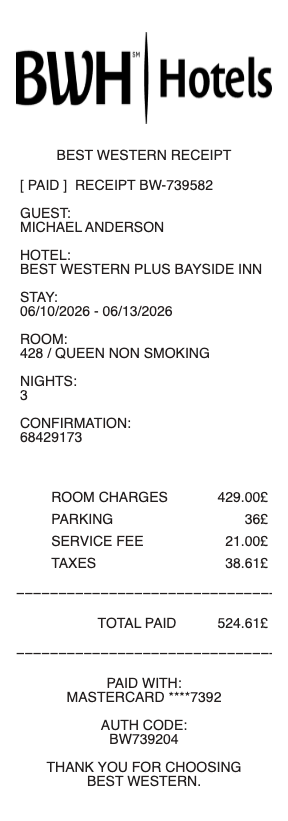 Best Western Hotel Receipt