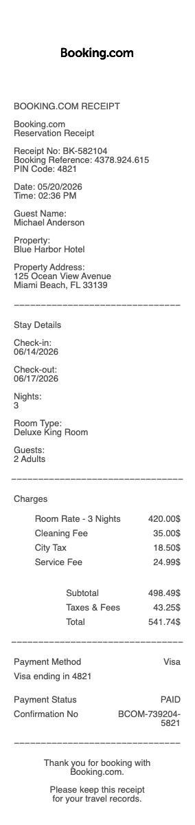 Booking.com Receipt