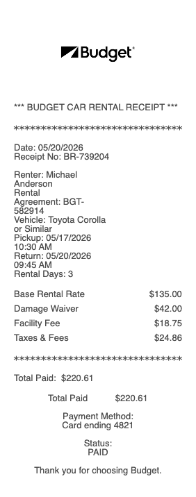 Budget Car Rental Receipt
