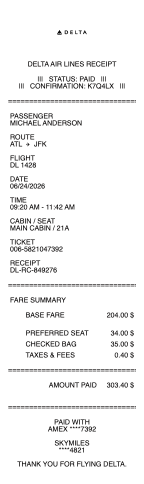 Delta Airlines Receipt