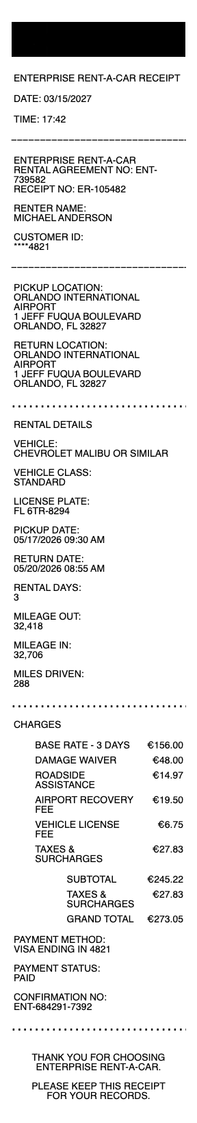 Enterprise Rent-A-Car Receipt