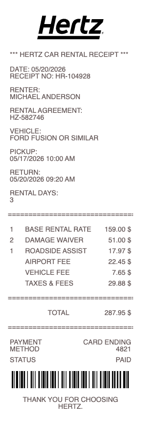Hertz Car Rental Receipt