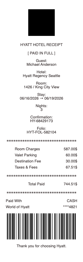 Hyatt Hotel Receipt