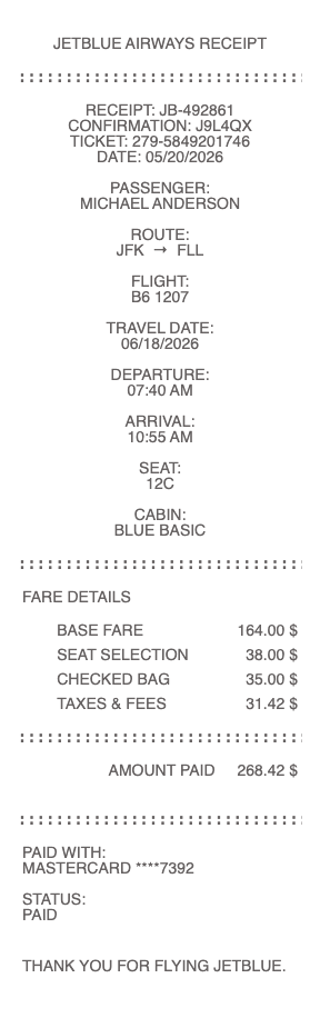 JetBlue Airlines Receipt