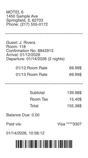 Motel 6 Receipt
