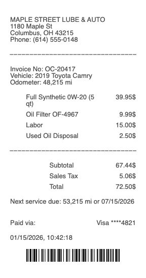 Oil Change Receipt