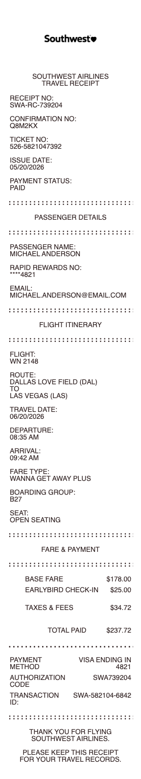 Southwest Airlines Receipt