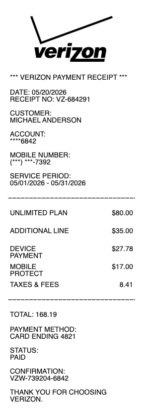 Verizon Receipt & Bill
